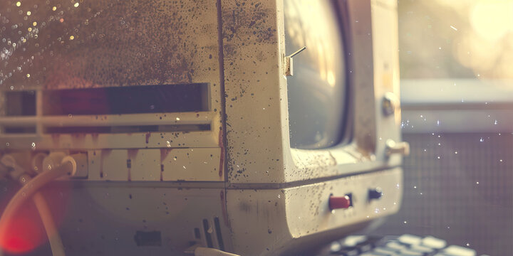 The Viral Vector: A vintage computer, covered in a layer of dust, with a flash drive sticking out of the side.