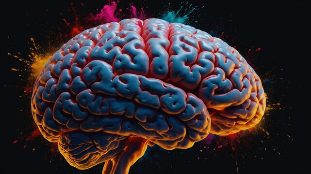 A human brain depicted with vibrant and dynamic colors exploding outwards, symbolizing creativity and imagination. The scene is set against a dark background, highlighting the explosion of multicolore