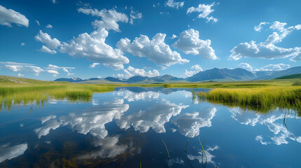 A vast nature marsh with tall grasses and still water reflecting the sky, the scene creating a serene atmosphere