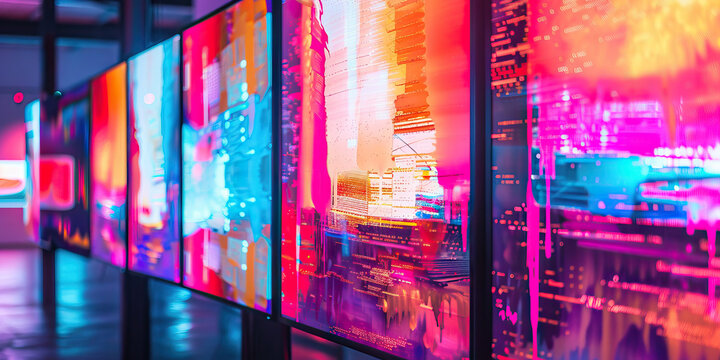 The Glitched Gallery: A digital art exhibition, featuring abstract images of data corruption and code errors on large monitors.