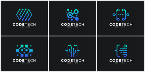 Set of technology code logo icon. Abstract circuit programmer logo design template.