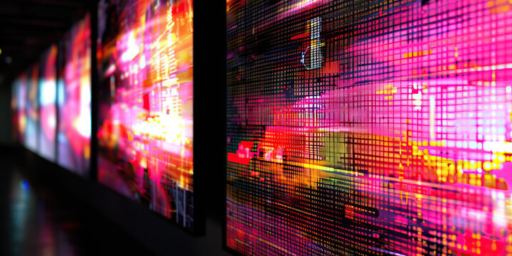 The Glitched Gallery: A digital art exhibition, featuring abstract images of data corruption and code errors on large monitors.