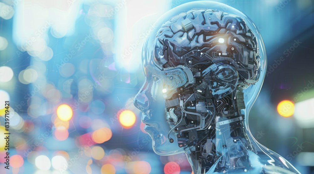 Poster a robot head with a brain inside of it