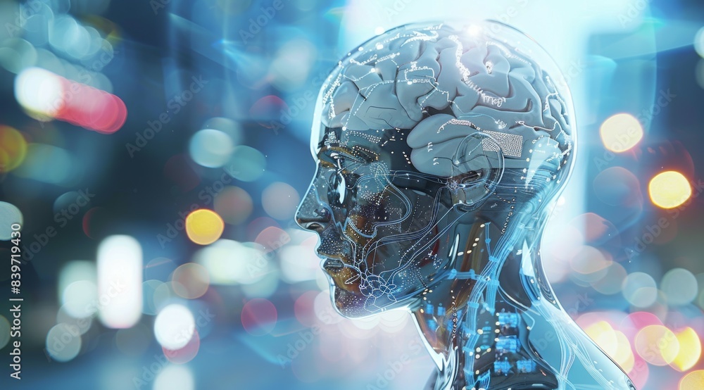 Poster a robot head with a brain inside of it