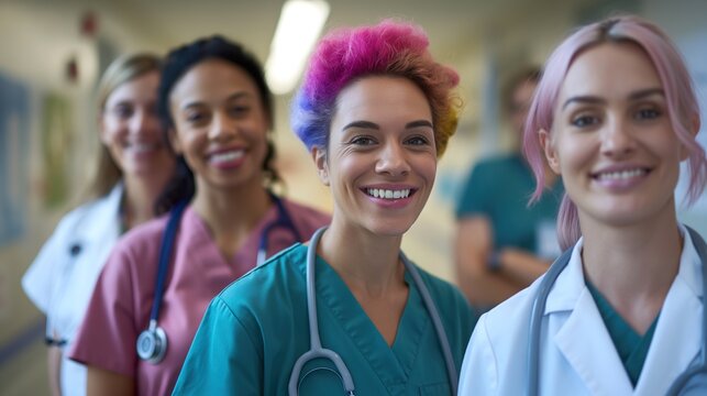Healthcare professionals of different backgrounds smiling in front of a rainbow flag, showcasing LGBTQ pride diversity inclusion and teamwork, perfect for medical, LGBTQ, and commercial applications