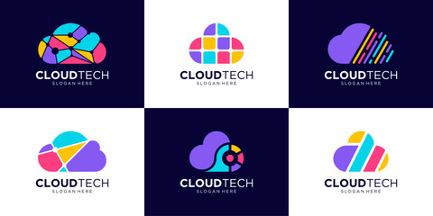 Set of colorful cloud tech logo design template.