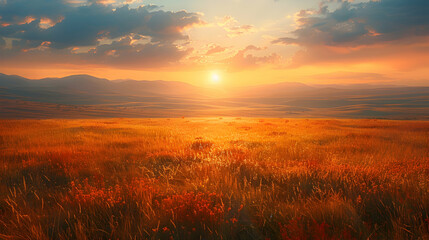 A vast nature steppe with rolling hills and sparse vegetation, the sunlight creating dramatic shadows across the landscape