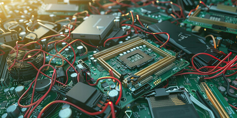 The Hijacked Hardware: A pile of discarded motherboards and CPUs, surrounded by loose cables and disc drives.