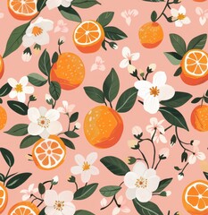 Simple flat illustration clip art peach, oranges and white flowers pattern on a pink background