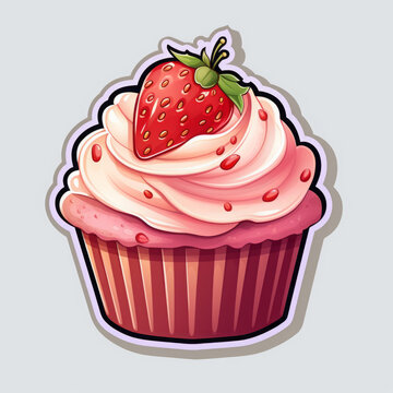 Playful sticker-style illustration of a delicious strawberry-topped cupcake