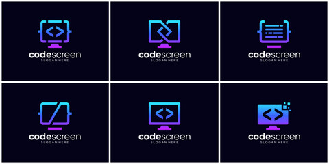 Programmer logo design collection. Abstract code and monitor screen logo vector illustration.