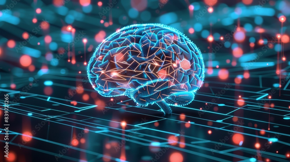 Poster a brain is shown in a computer generated image with a blue background