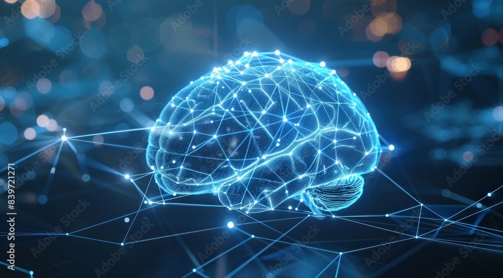 Poster a brain is shown in a blue and white color scheme with a lot of lines and dots