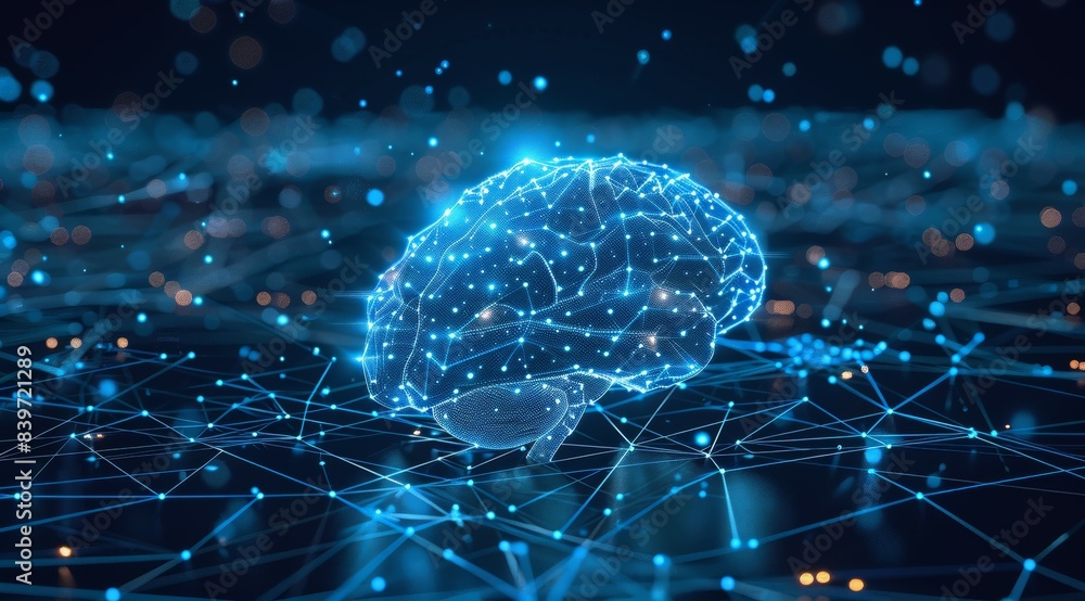 Poster a brain is shown in a blue and white color scheme with a lot of lines and dots