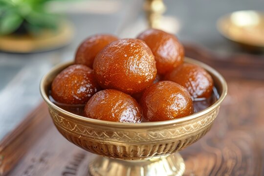 Golden bowl of Indian sweets like Gulab Jamun for various festivals including Diwali Dussehra Deepavali Pongal Durga Puja Holi Ganesh Chaturthi Nav