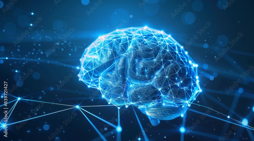 Poster a brain is shown in a blue and white color scheme with a lot of lines and dots