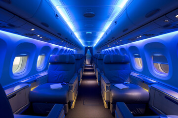 Fototapeta premium An airplane passageway of a business jet with empty passanger seats with blue night illuminating