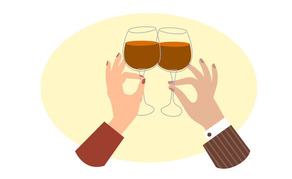 The hands of a man and a woman clink glasses of orange wine. Minimalist style image. Drawing in flat style. Vector illustration