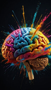 A human brain depicted with vibrant and dynamic colors exploding outwards, symbolizing creativity and imagination. The scene is set against a dark background, highlighting the explosion of multicolore