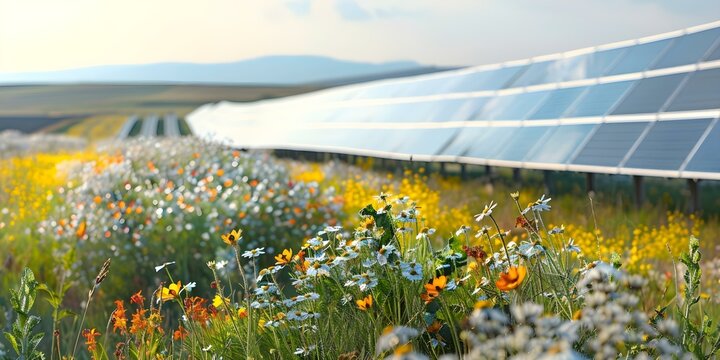Wildflowers as ground cover in front of solar panels at a power plant. Concept Wildflowers, Ground Cover, Solar Panels, Power Plant, Environmental Conservation