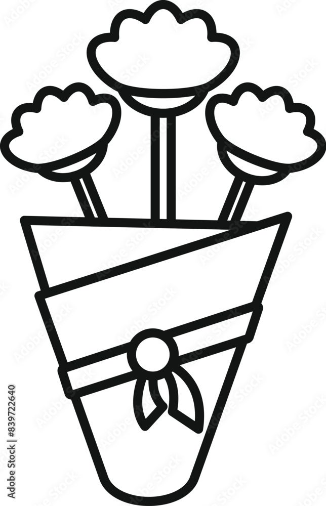 Poster simplistic drawing showing a bouquet of flowers wrapped in paper and tied with string