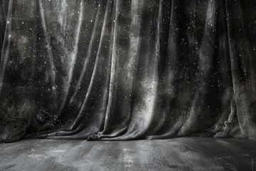 Gray fabric curtain closed on wall with grunge design leading to outer space