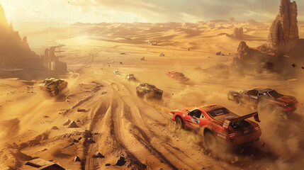 Old car run in desert at post apocalypses, view of vintage vehicles like futuristic movie. Concept of dystopia, race, sport, technology and apocalyptic future.