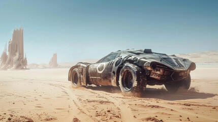 Old rusty car at post apocalypses, view of vintage vehicle in desert like fantasy movie. Concept of dystopia, race, sport, steampunk, technology and apocalyptic future.