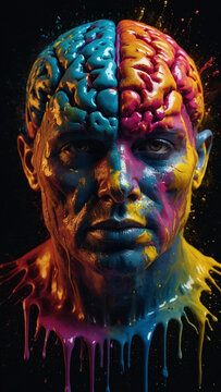 A human brain depicted with vibrant and dynamic colors exploding outwards, symbolizing creativity and imagination. The scene is set against a dark background, highlighting the explosion of multicolore