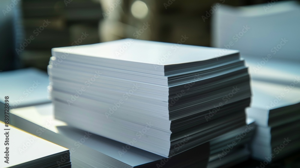 Poster a stack of white paper is piled on top of another stack