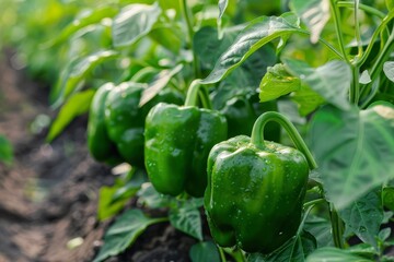 Green sweet peppers on bed Bushes also have green sweet peppers