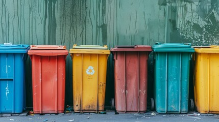 Obraz premium A row of trash cans are lined up against a wall