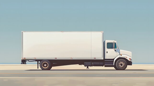 recommend clip art: Illustration of a white delivery truck parked in front of modern building on a sunny day.
