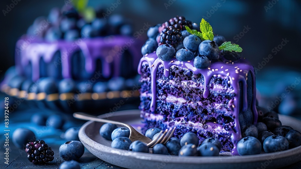 Poster a close-up of a cake slice with blueberries on either side