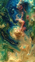 Vivid Abstract Fluid Art with Swirling Colors: A Mesmerizing Visual Journey Through Cascading Blues, Greens, and Warm Hues