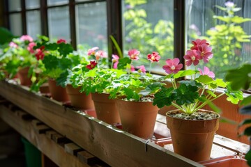 Growing geranium seedlings in greenhouse flowerpots Indoor gardening and care for small house plants