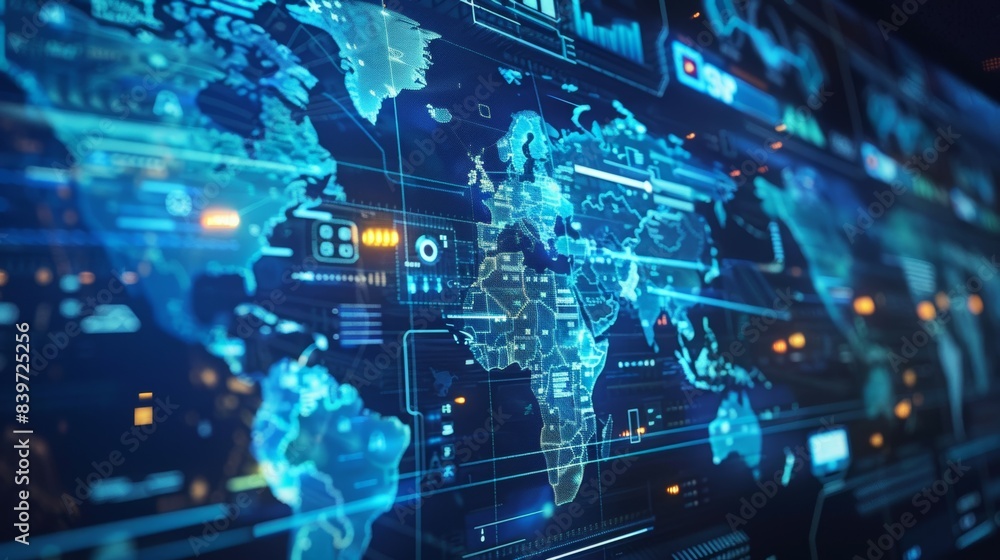 Poster a computer screen shows a map of the world with many different colored lines, military headquarters 
