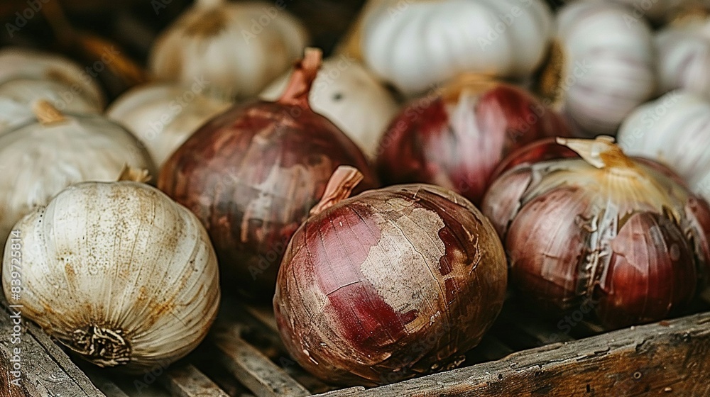 Poster a crate brimming with numerous onions resting atop a mound of additional onions atop a table