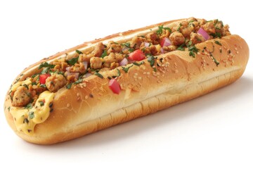 Gourmet hot dog with fresh vegetables and herbs, offering a delicious and hearty meal