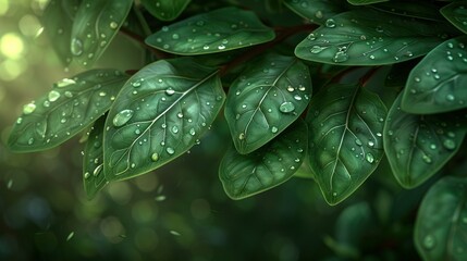   A green leaf with water droplets and surrounding foliage in blurred focus