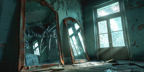 The Asylum of Madness: A dilapidated room, filled with broken mirrors and eerie whispers.