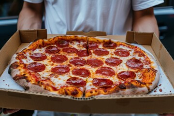 Close up of pizza held in hands against blurred background with ample space for text placement