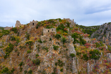 Fototapeta premium Old stonewall Venetian castle, abandoned building, monument of Palaiochora at Kythera island, Greece.