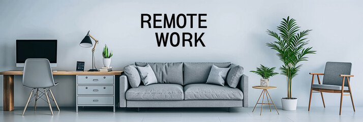 Create a modern remote work setup with a cozy sofa, green plants for a productive workspace