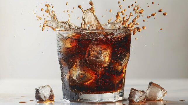   A glass of cola with ice cubes and a bottle of cola pouring out