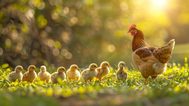 Mother hen with adorable fluffy baby chicks in a charming natural outdoor environment - Powered by Adobe