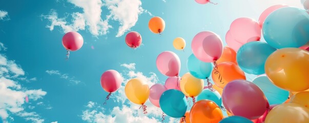 Fototapeta premium Festive Atmosphere: Multicolored Balloons Float in the Air, Perfect for Invitations