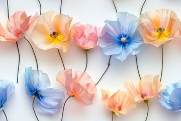 Obraz premium Cute, minimalistic pastel flowers in pink, blue, and yellow with long stems on a white background, forming an endless pattern. Perfect for fabric design and wallpaper. 