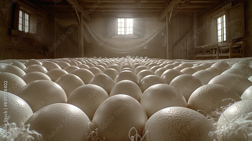 Poster a room with numerous eggs illuminated by sunlight entering through a distant window