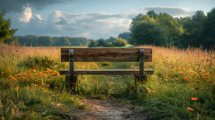 A vibrant nature meadow landscape with a wooden bench nestled among the grasses